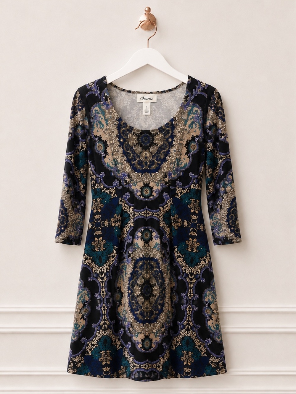 Soma Womens Small Henna Multicolor Paisley Empire Waist 3/4 Sleeve Jersey Dress